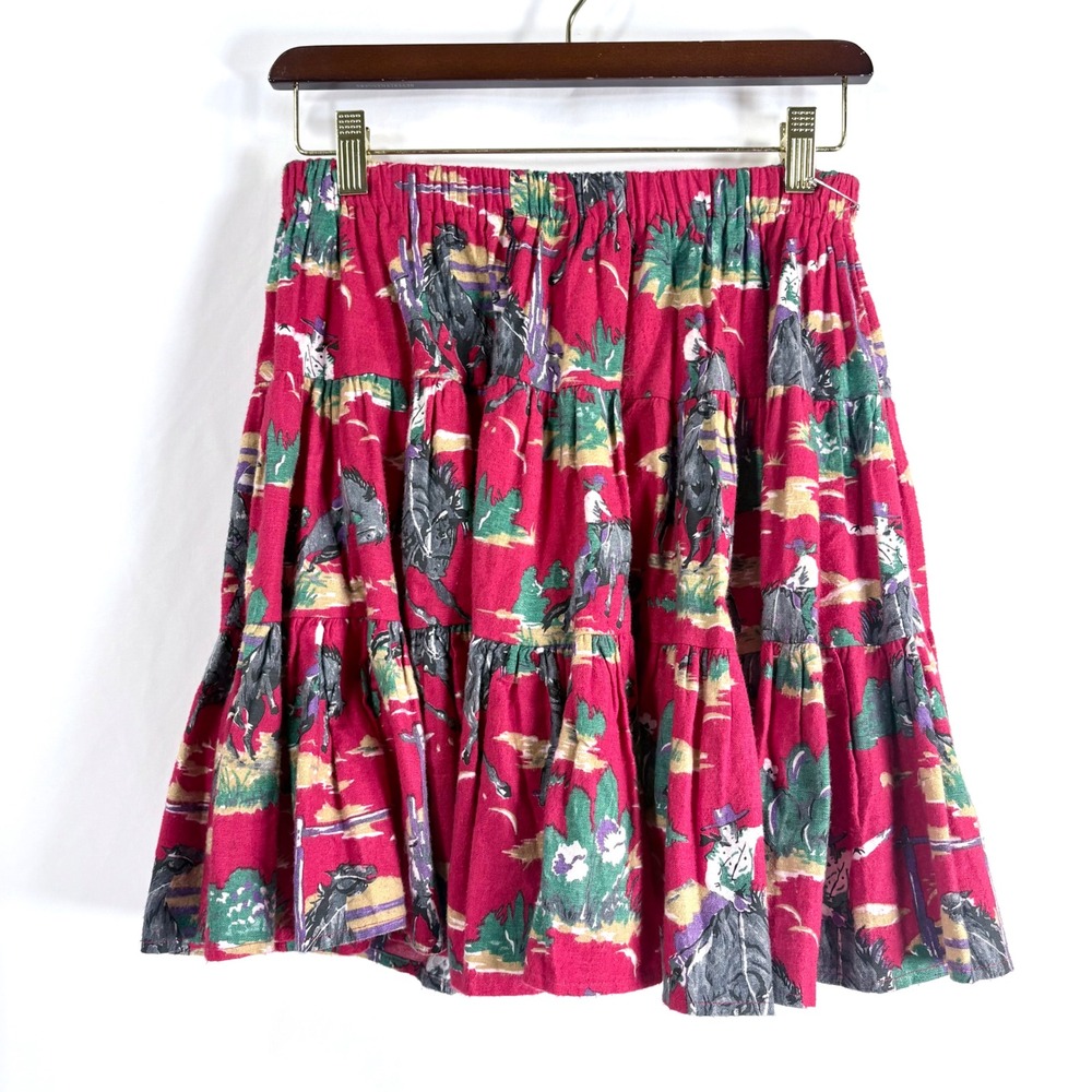 Vintage Blue Western Cowboy Horse Print Tiered Skirt Women L Rodeo Boho Festival